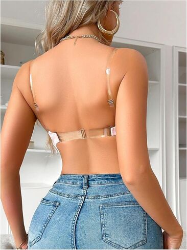 SHENHE Women's Front Closure Underwire Bra Clear Straps Push Up Molded Backless Plunge Bra in Saudi Arabia