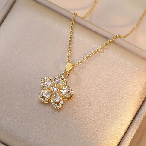 Rotating Bauhinia Zircon Flower Pendant Collarbone Chain Temperament Simple Neck Chain Adjustable Copper Chain Necklace in Saudi Arabia