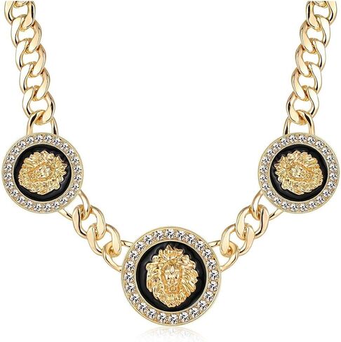 Women's Hip Hop Basketball Wives 3 Lion Heads Chunky Chain Necklace Crystal Statement Linked Choker Necklaces Party Costume Outfit Cocktail Club Animal Jewelry in Saudi Arabia