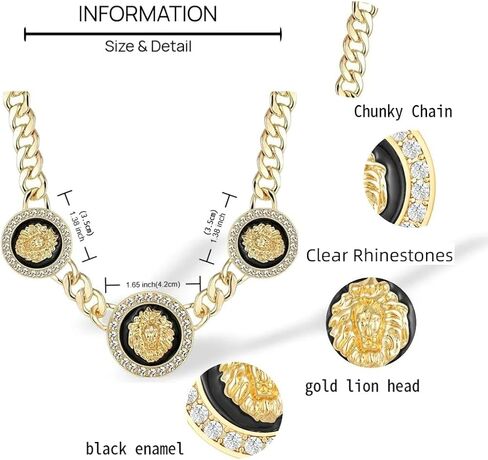 Women's Hip Hop Basketball Wives 3 Lion Heads Chunky Chain Necklace Crystal Statement Linked Choker Necklaces Party Costume Outfit Cocktail Club Animal Jewelry in Saudi Arabia