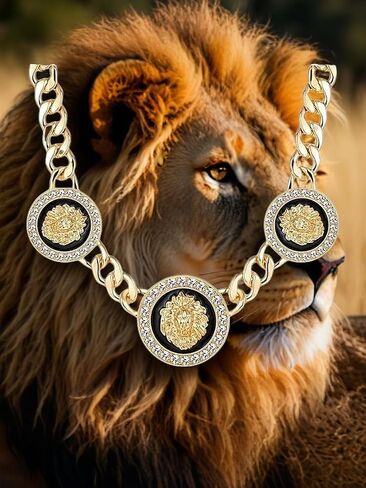 Women's Hip Hop Basketball Wives 3 Lion Heads Chunky Chain Necklace Crystal Statement Linked Choker Necklaces Party Costume Outfit Cocktail Club Animal Jewelry in Saudi Arabia