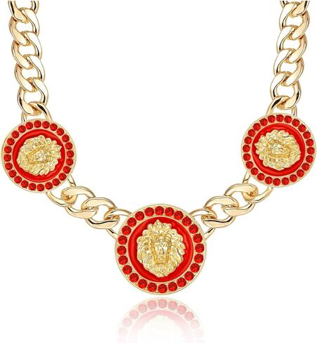 Women's Hip Hop Basketball Wives 3 Lion Heads Chunky Chain Necklace Crystal Statement Linked Choker Necklaces Party Costume Outfit Cocktail Club Animal Jewelry in Kuwait