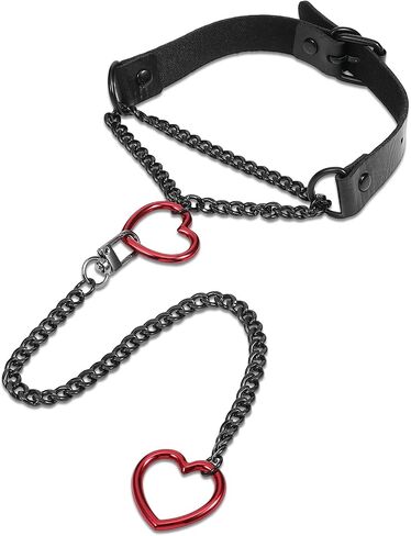 Heart Slip Chain Necklace for Women, Stainless Steel O-Ring Adjustable Black Leather Choker Necklace Punk Gothic Cuban Collar Choker Necklaces with Swivel Clasp & Heart Charm in Saudi Arabia