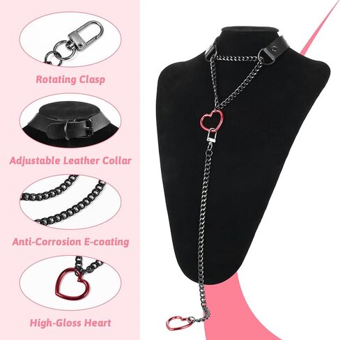 Heart Slip Chain Necklace for Women, Stainless Steel O-Ring Adjustable Black Leather Choker Necklace Punk Gothic Cuban Collar Choker Necklaces with Swivel Clasp & Heart Charm in Saudi Arabia