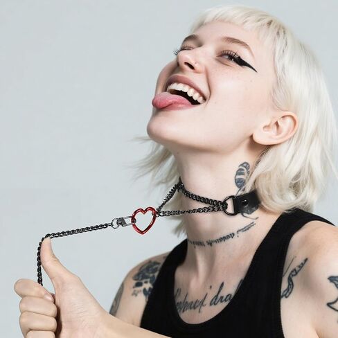 Heart Slip Chain Necklace for Women, Stainless Steel O-Ring Adjustable Black Leather Choker Necklace Punk Gothic Cuban Collar Choker Necklaces with Swivel Clasp & Heart Charm in Saudi Arabia