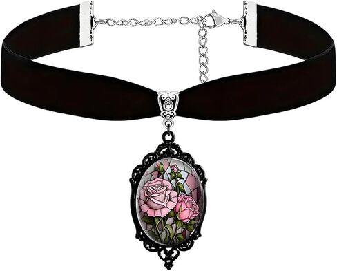 Dreuyet Rose Cameo Velvet Choker Necklace for Women Gothic Vintage Crystal Glass Red Rose Pendant Necklaces Black Goth Mystic Victorian Flower Collar Necklace Punk Style Halloween Costume Jewelry in Saudi Arabia