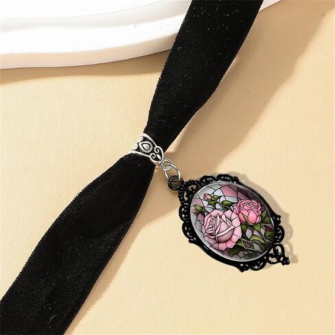Dreuyet Rose Cameo Velvet Choker Necklace for Women Gothic Vintage Crystal Glass Red Rose Pendant Necklaces Black Goth Mystic Victorian Flower Collar Necklace Punk Style Halloween Costume Jewelry in Saudi Arabia