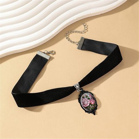 Dreuyet Rose Cameo Velvet Choker Necklace for Women Gothic Vintage Crystal Glass Red Rose Pendant Necklaces Black Goth Mystic Victorian Flower Collar Necklace Punk Style Halloween Costume Jewelry in Saudi Arabia