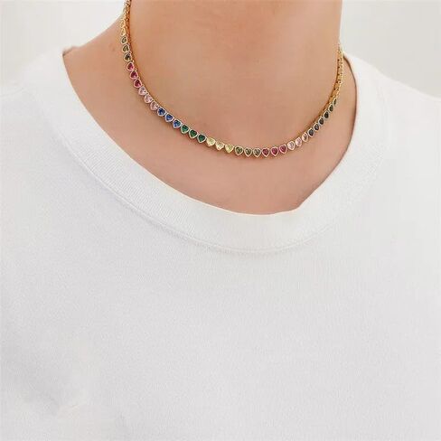Razered Rainbow Heart CZ Stone Tennis Chain Iced Out Choker Necklace for Men Women Jewelry Gifts in Saudi Arabia