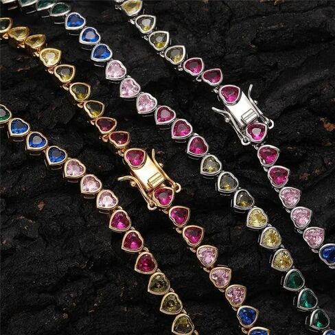 Razered Rainbow Heart CZ Stone Tennis Chain Iced Out Choker Necklace for Men Women Jewelry Gifts in Saudi Arabia
