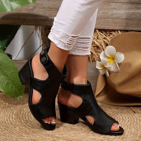 large size Ladies' Roman sandals - thick mid-heel open-toe summer shoes with adjustable ankle straps, breathable and suitable for both casual and formal occasions, with fashionable cutout in Saudi Arabia