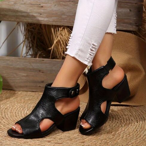 large size Ladies' Roman sandals - thick mid-heel open-toe summer shoes with adjustable ankle straps, breathable and suitable for both casual and formal occasions, with fashionable cutout in Saudi Arabia