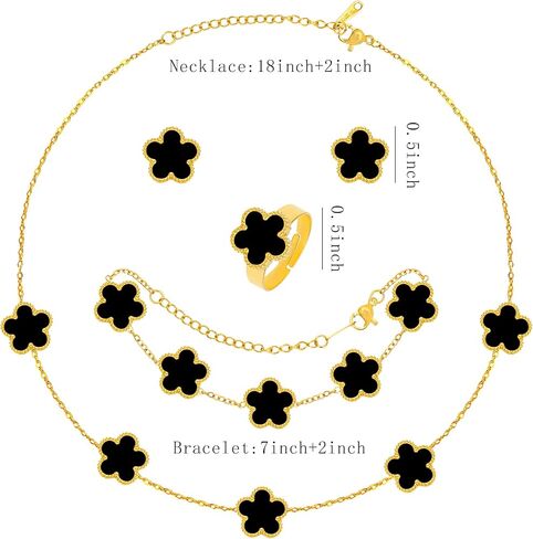 5 Pieces Lucky Clover Jewelry Set for Women Gold Jewelry Set 18K Gold Plated Flower Design Five Leaf Necklace Bracelet Ring Earrings for Women in Kuwait