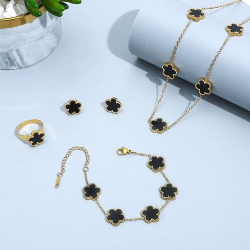 5 Pieces Lucky Clover Jewelry Set for Women Gold Jewelry Set 18K Gold Plated Flower Design Five Leaf Necklace Bracelet Ring Earrings for Women in Kuwait