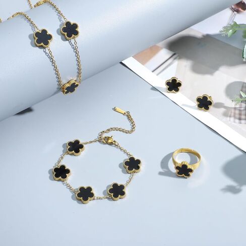 5 Pieces Lucky Clover Jewelry Set for Women Gold Jewelry Set 18K Gold Plated Flower Design Five Leaf Necklace Bracelet Ring Earrings for Women in Kuwait