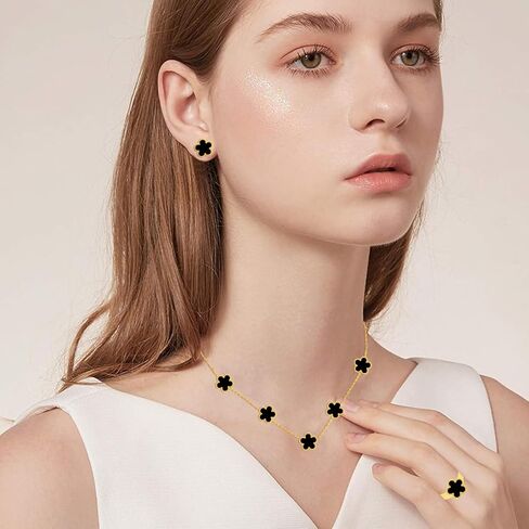 5 Pieces Lucky Clover Jewelry Set for Women Gold Jewelry Set 18K Gold Plated Flower Design Five Leaf Necklace Bracelet Ring Earrings for Women in Kuwait