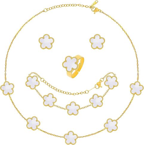 5 Pieces Lucky Clover Jewelry Set for Women Gold Jewelry Set 18K Gold Plated Flower Design Five Leaf Necklace Bracelet Ring Earrings for Women in Kuwait