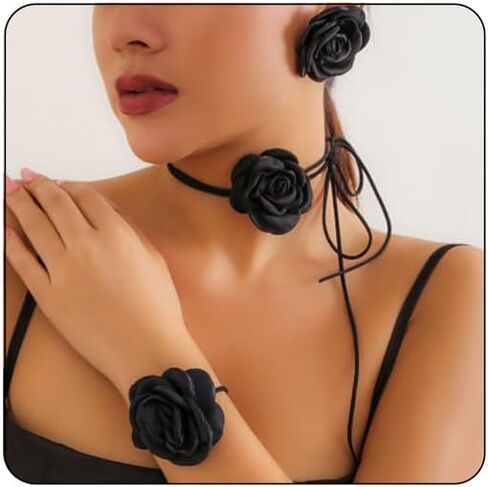 Rose Flower Earrings Necklace Bracelet Set for Women,Vintage Camellia Satin Flowers Necklace Black Red White Fabric Earrings Bracelet Wedding Banquet Jewelry in Saudi Arabia
