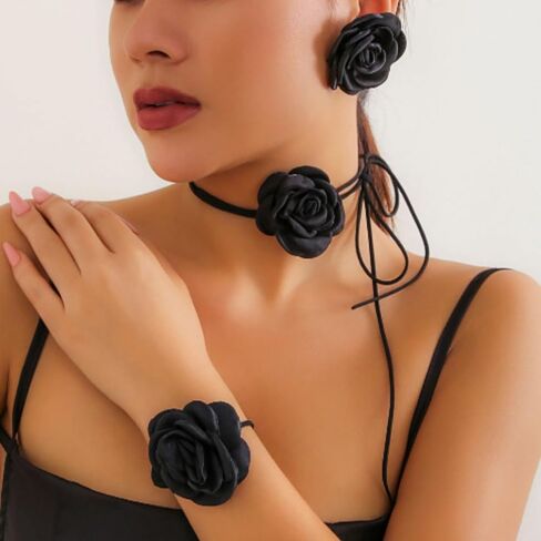 Rose Flower Earrings Necklace Bracelet Set for Women,Vintage Camellia Satin Flowers Necklace Black Red White Fabric Earrings Bracelet Wedding Banquet Jewelry in Saudi Arabia