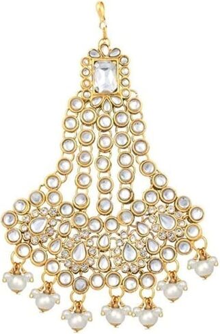 I Jewels Gold Plated Indian Wedding Bollywood Mughal Beautiful Long Pearl Kundan Jhumar Passa/Jhoomar Maang Tikka for Women in Saudi Arabia