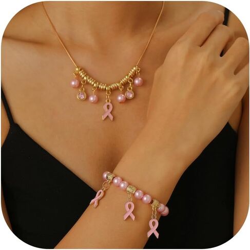 Breast Cancer Bracelets Necklace Set Pink Ribbon Bracelets Breast Cancer Gifts Awareness Accessories for Women in Kuwait