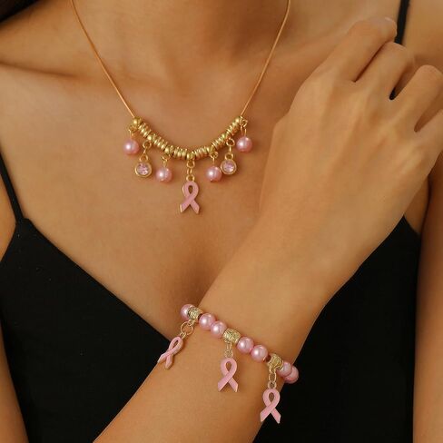 Breast Cancer Bracelets Necklace Set Pink Ribbon Bracelets Breast Cancer Gifts Awareness Accessories for Women in Kuwait