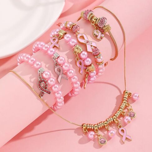 Breast Cancer Bracelets Necklace Set Pink Ribbon Bracelets Breast Cancer Gifts Awareness Accessories for Women in Kuwait