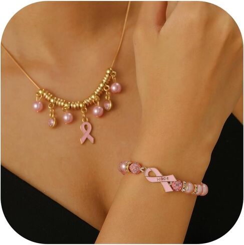 Breast Cancer Bracelets Necklace Set Pink Ribbon Bracelets Breast Cancer Gifts Awareness Accessories for Women in Kuwait