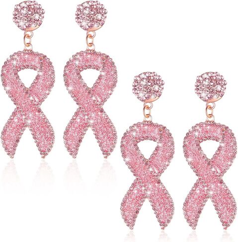 2 Pairs Glitter Breast Cancer Awareness Earrings Ribbon Earrings for Women Breast Cancer Survivor Support Gifts in Saudi Arabia