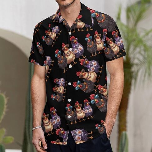 Three Hens Rooster Glasses Mens Button Down Short Sleeve Shirt Casual T Shirts Summer Beach Tops with Pocket in Saudi Arabia