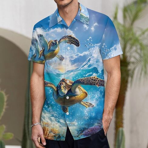 Sea Turtle Mens Button Down Short Sleeve Shirt Casual T Shirts Summer Beach Tops with Pocket in Saudi Arabia
