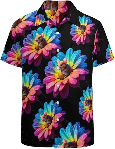 Colorful Rat Daisy Flower Mens Button Down Short Sleeve Shirt Casual T Shirts Summer Beach Tops with Pocket in Saudi Arabia