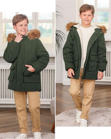 Lovekider 5-16T معاطف شتوية للأولاد سترة منتفخة دافئة سميكة للأطفال ملابس خارجية مع غطاء من الفرو الصناعي قابل للإزالة in Kuwait