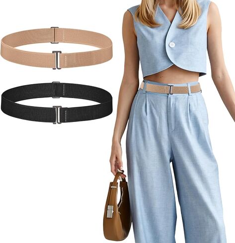 Crop Tuck Band, 2 Pcs Adjustable Crop Top Tuck Waist Band Tucking Sweater Shirt Elastic Stretch Belts for Women, Black+Khaki in Saudi Arabia