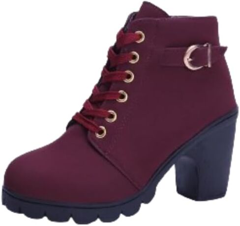 Women's Chunky Heel Ankle Boots - Fashion Lace-Up with Side Zipper, Comfortable Short Boots for Daily Wear & Stylish Outfits in Saudi Arabia