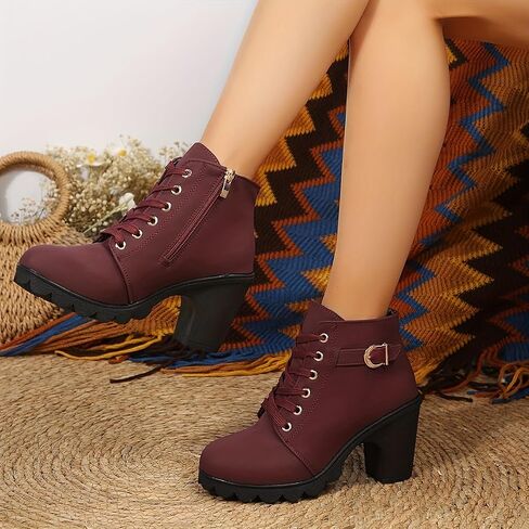 Women's Chunky Heel Ankle Boots - Fashion Lace-Up with Side Zipper, Comfortable Short Boots for Daily Wear & Stylish Outfits in Saudi Arabia