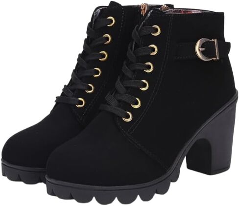 Women's Chunky Heel Ankle Boots - Fashion Lace-Up with Side Zipper, Comfortable Short Boots for Daily Wear & Stylish Outfits in Saudi Arabia