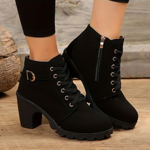 Women's Chunky Heel Ankle Boots - Fashion Lace-Up with Side Zipper, Comfortable Short Boots for Daily Wear & Stylish Outfits in Saudi Arabia
