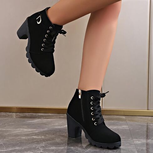 Women's Chunky Heel Ankle Boots - Fashion Lace-Up with Side Zipper, Comfortable Short Boots for Daily Wear & Stylish Outfits in Saudi Arabia
