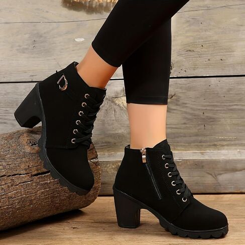 Women's Chunky Heel Ankle Boots - Fashion Lace-Up with Side Zipper, Comfortable Short Boots for Daily Wear & Stylish Outfits in Saudi Arabia