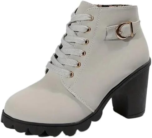 Women's Chunky Heel Ankle Boots - Fashion Lace-Up with Side Zipper, Comfortable Short Boots for Daily Wear & Stylish Outfits in Saudi Arabia