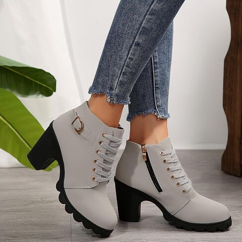 Women's Chunky Heel Ankle Boots - Fashion Lace-Up with Side Zipper, Comfortable Short Boots for Daily Wear & Stylish Outfits in Saudi Arabia