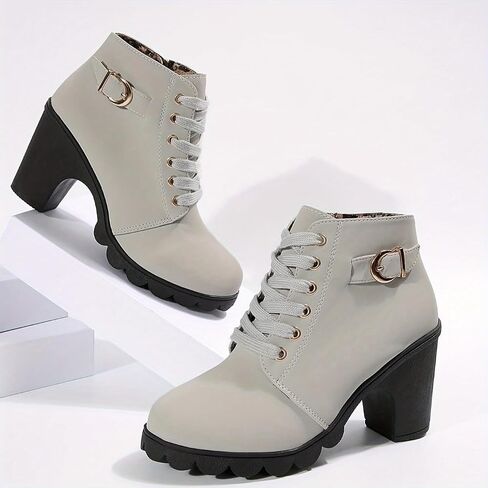 Women's Chunky Heel Ankle Boots - Fashion Lace-Up with Side Zipper, Comfortable Short Boots for Daily Wear & Stylish Outfits in Saudi Arabia