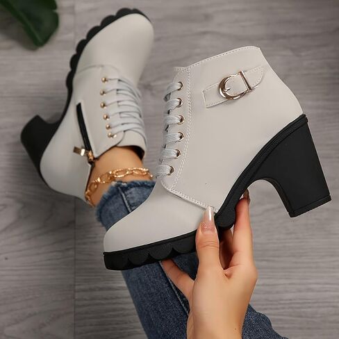 Women's Chunky Heel Ankle Boots - Fashion Lace-Up with Side Zipper, Comfortable Short Boots for Daily Wear & Stylish Outfits in Saudi Arabia