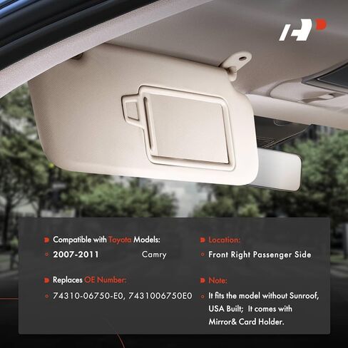 A-Premium Driver Left Side Sun Visor Compatible with Toyota Camry 2007 2008 2009 2010 2011 - with Vanity Mirror, Without Vanity Light, Beige Color - Replaces 74320-06780-E0, 7432006780E0 in Saudi Arabia