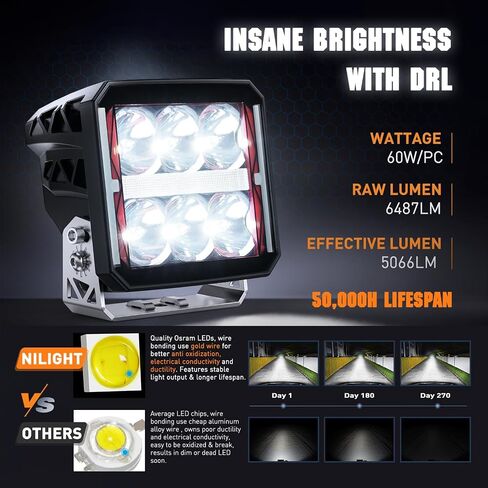 Nilight 4 Inch LED Pod Lights Heated Lens with DRL 60 W Square Super Spot w/ 16AWG Wiring Harness Kit Offroad Anti Freeze Function Work Light for Truck UTV ATV SUV Jeep in Saudi Arabia