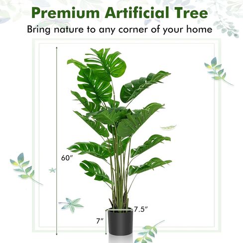 Goplus Artificial Monstera Deliciosa Plant, 5ft Tall Fake Tropical Palm Tree w/15 Pcs Different Turtle Leaves, Cement-Filled Plastic Pot, Faux Swiss Cheese Plant for Floor Home Office Decor in Saudi Arabia