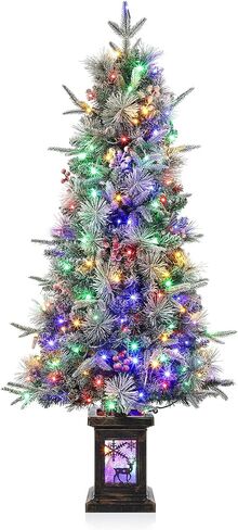 4.5ft Prelit Artificial Christmas Trees with 200 Warm Lights & 20 Clusters Red Berry, Artificial Potted Xmas Tree with 8 Lighting Modes, Snowflake Base, Holiday Decor, Set of 2 in Saudi Arabia