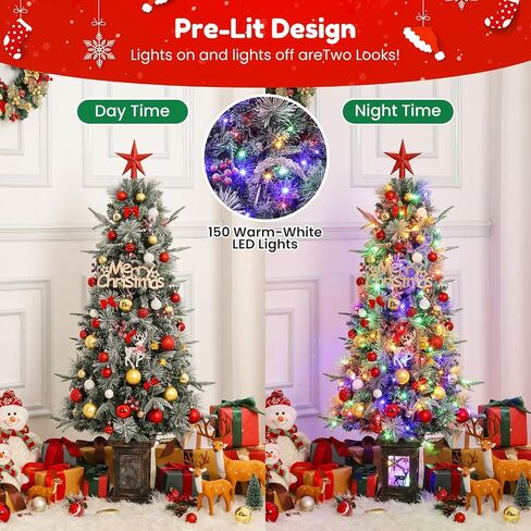 4.5ft Prelit Artificial Christmas Trees with 200 Warm Lights & 20 Clusters Red Berry, Artificial Potted Xmas Tree with 8 Lighting Modes, Snowflake Base, Holiday Decor, Set of 2 in Saudi Arabia