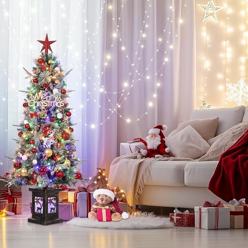 4.5ft Prelit Artificial Christmas Trees with 200 Warm Lights & 20 Clusters Red Berry, Artificial Potted Xmas Tree with 8 Lighting Modes, Snowflake Base, Holiday Decor, Set of 2 in Saudi Arabia